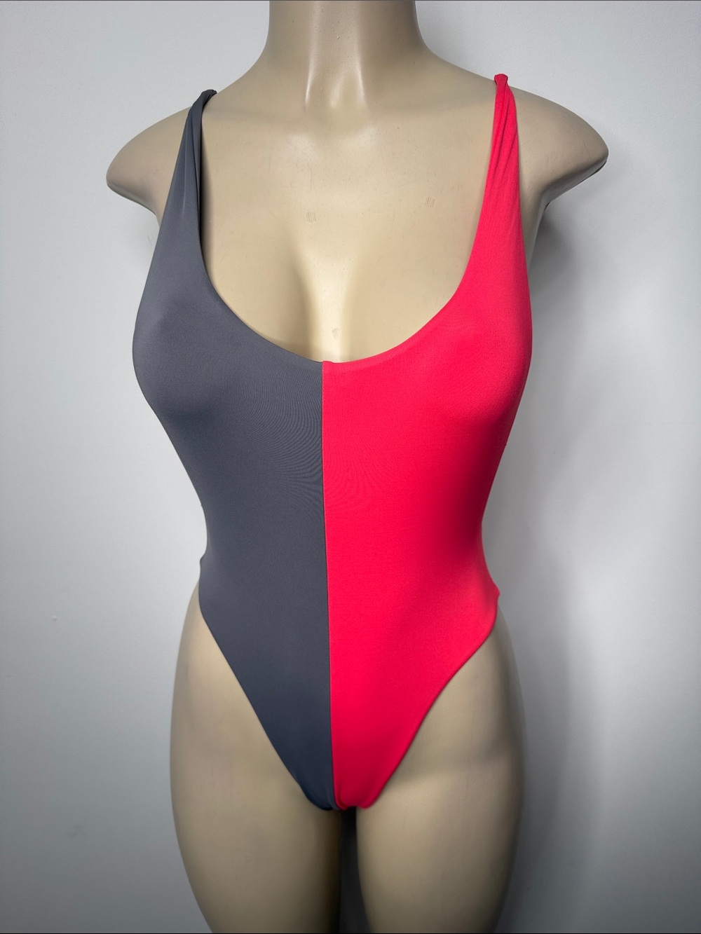 Colorblock Gray and Hot Orange One-Piece Swimsuit — Sleek Scoop Neck
